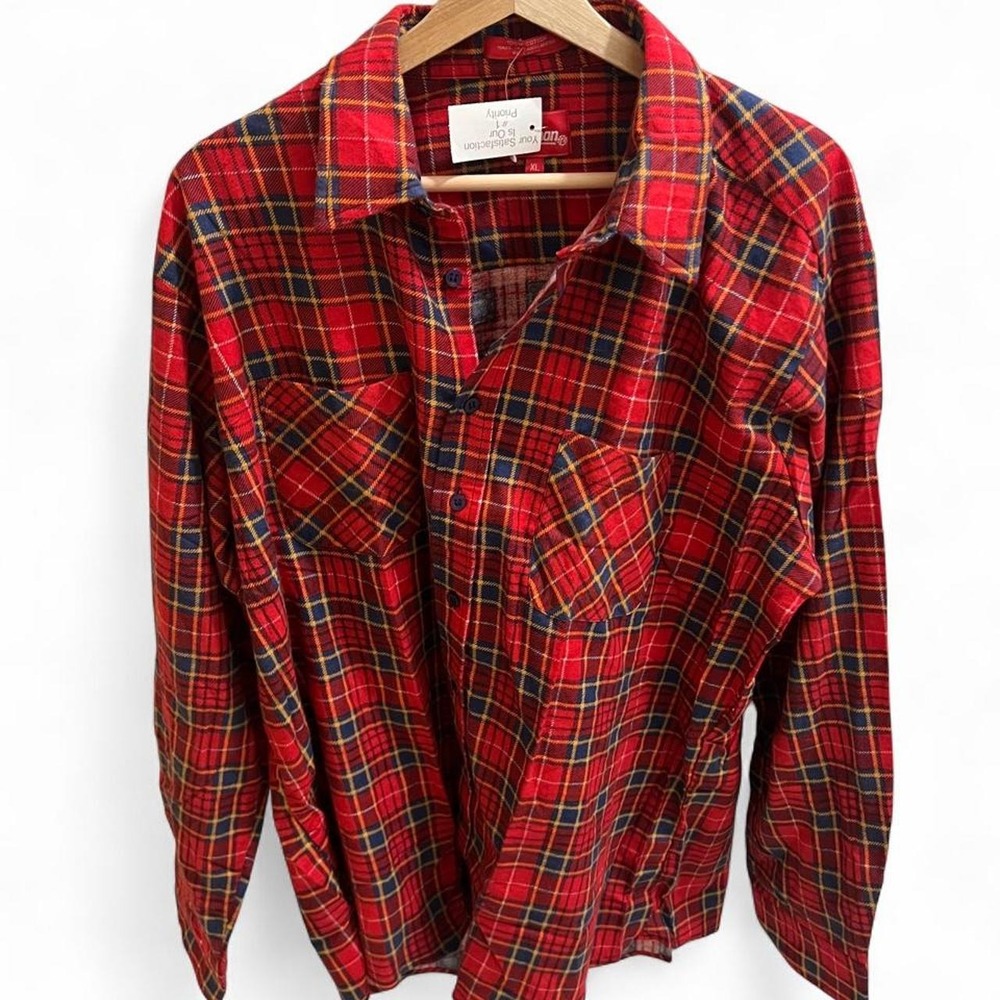 Vintage Coleman Red Plaid Flannel Button-Up Shirt XL 100% Cotton